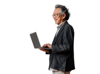 Senior Japanese Man with Laptop on Transparent