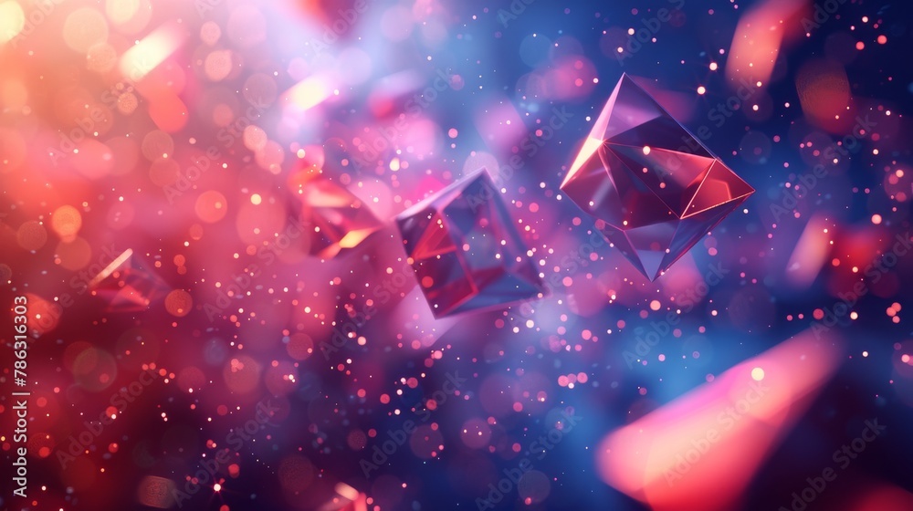 Poster Three dimensional rendering of a chaotic low polymorphic shape with flying polygonal pyramids in empty space. Background with bokeh effect. Poster design.