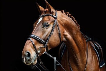 Fototapeta premium Stunning dressage chestnut gelding horse in bridle isolated on black background