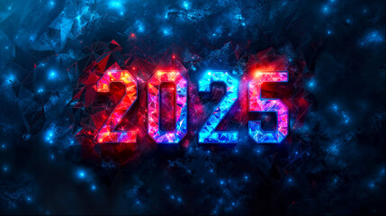 carte de vœux pour l'année 2025 avec texte géométrique rouge et bleu sur un fond noir