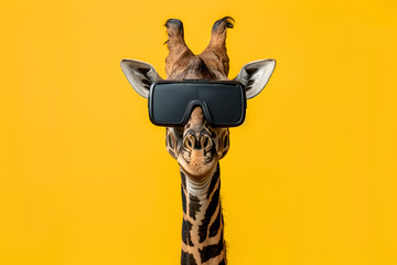 Futuristic portrait of giraffe in virtual reality glasses on yellow background	
