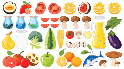 Healthy food set. Vegetables fruits milk mushrooms