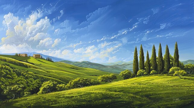 Tranquil Italian countryside painting, featuring rolling hills, lush green grass, and deep blue skies. Pine and cypress trees add a touch of timeless elegance to the serene landscape.