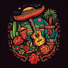 Mexico hand drawn vector illustration. Colorful detailed, with lots of objects background