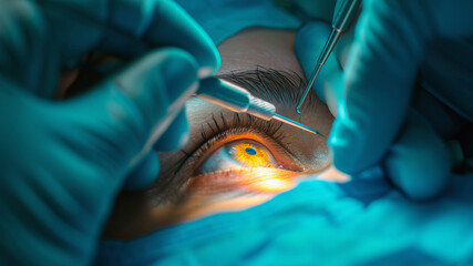 Close-up of eye surgery with precision instruments in operation.