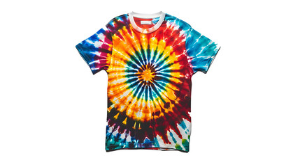A dynamic view of a tie-dye t-shirt against a solid white backdrop, its vibrant colors and swirling patterns depicted in crisp high-definition, adding a pop of fun and personality to any casual ensemb