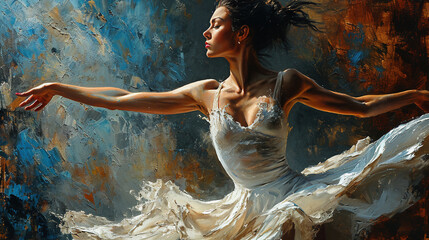 Grunge Wall in Background of A Beautiful Women Ballerina Dancer In White Balleta Dress Oil Painting On Canvas