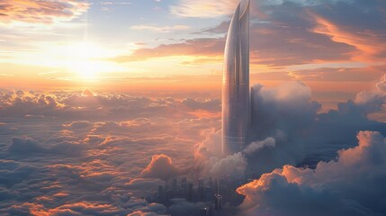 A gravity-defying skyscraper towers above the clouds at sunrise