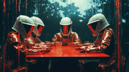 Group of futuristic warriors meet at a table. They have a robotic, medieval look and are discussing a plan