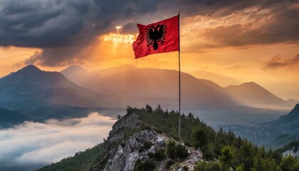 The Flag of Albania On The Mountain. 