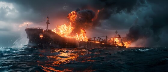 Dramatic Ship Ablaze at Sea under Stormy Skies, Disaster Theme, High-Contrast Imagery with Vivid Fire and Dark Ocean Waves Panorama. AI - obrazy, fototapety, plakaty