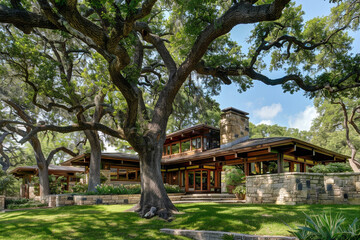 A craftsman style house under the canopy of mature oak trees, its natural stone and wood blending seamlessly with the surrounding landscape.