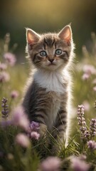 Naklejka na ściany i meble Amidst field of blooming lavender, young kitten stands, golden rays of setting sun casting warm, ethereal glow that illuminates delicate features of face. Soft fur.