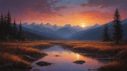 Breathtaking sunset paints sky with warm hues of orange, red, purple over serene landscape. Sun captured at moment it kisses horizon behind range of majestic mountains. Mountains stand tall, proud. - obrazy, fototapety, plakaty