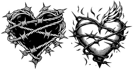 bleeding and suffering heart wrapped in barbed wire, vector black decorative, monochrome laser cutting sketch - obrazy, fototapety, plakaty