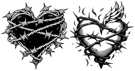 Deurstickers bleeding and suffering heart wrapped in barbed wire, vector black decorative, monochrome laser cutting sketch © Cris