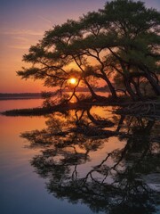 Breathtaking sunset paints sky with warm hues of orange, purple, casting tranquil glow over calm lake. Radiant orb of golden light, sun, nestles amidst branches of ancient tree.