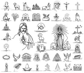 Jesus Christ and Mary, collection of religious icons, hand-drawn characters and objects from the Christian Bible, black doodle vector