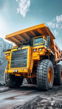 Massive yellow anthracite coal mining truck in open pit mining industry operation