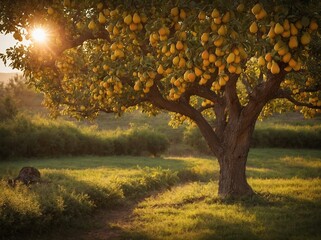 Lush tree, heavily laden with ripe, golden fruits, stands majestically in serene orchard where sun casts its warm, golden rays through branches creating picturesque scene of tranquility, abundance. - obrazy, fototapety, plakaty
