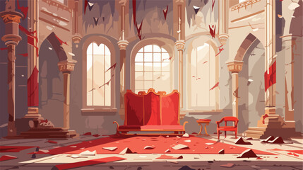 Old abandoned castle hall with king throne. Cartoon vector