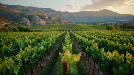 Fototapeta na wymiar Scenic vineyard with lush grapevines under a vibrant sky, idyllic rural landscape