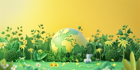 3D render, illustration 16K cute landscape, earth day , gradient green background