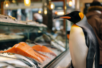 penguin in front of a counter at a fish market - obrazy, fototapety, plakaty