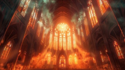 Sunset Light Bathes a Majestic Gothic Cathedral, Highlighting Stained Glass and Ornate Architecture - obrazy, fototapety, plakaty