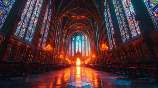 Sunset Light Bathes a Majestic Gothic Cathedral, Highlighting Stained Glass and Ornate Architecture