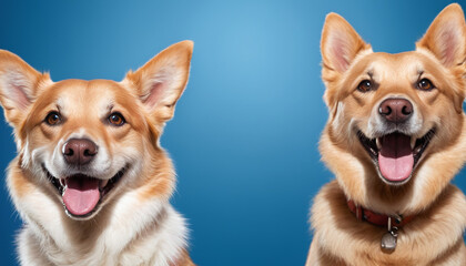 Fototapeta na wymiar two smiling happy dogs on blue background banner
