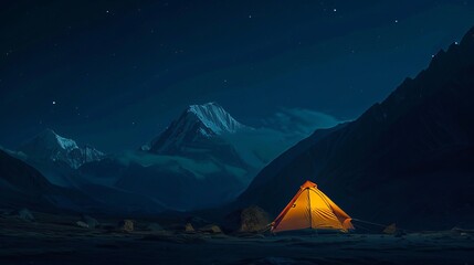 Tent in dark night with backdrop of mountain range.