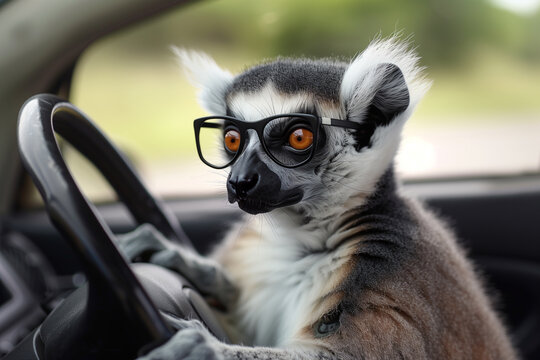 Limur in glasses driving a car