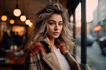 A woman is seated by a window in a restaurant, looking outside at the view. Generative AI