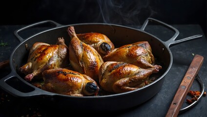 Fototapeta premium Baked quails in pan on a dark surface. generative AI