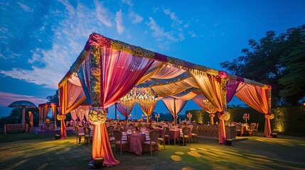 Tents glowed with vibrant hues as the night descended on the wedding celebration. - obrazy, fototapety, plakaty