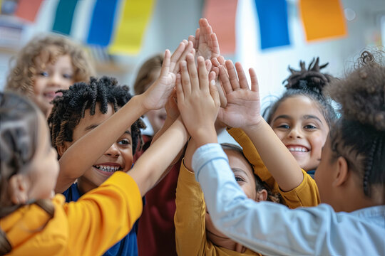 Happy diverse multiethnic kids junior school students group giving high five together in classroom