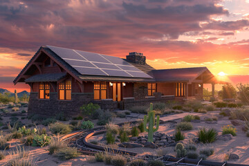 A 3D image of a Craftsman house in the Sonoran Desert, Arizona, blending traditional style with sustainable features like solar panels and xeriscaping, against a dramatic desert sunset.
