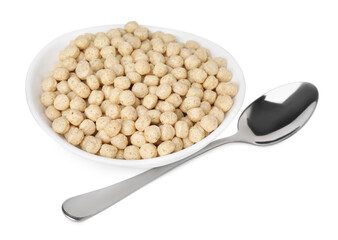 Tasty sweet cereal balls in bowl and spoon isolated on white