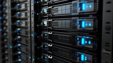Data Center Rack Servers with Blue LED Lighting