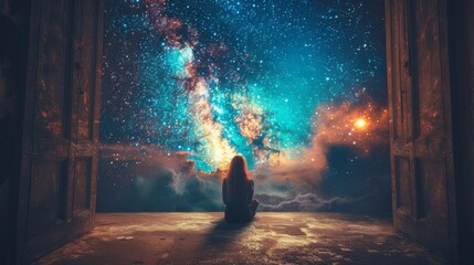 Doorway to the cosmos: a surreal image of an open door leading into a starry universe - obrazy, fototapety, plakaty