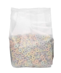 Tasty cereal rings in transparent plastic pack isolated on white
