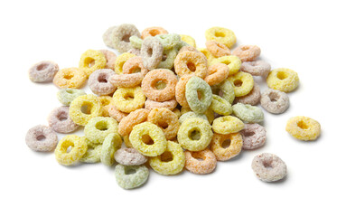 Pile of tasty cereal rings isolated on white