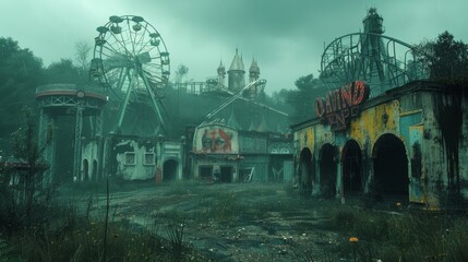 Foggy, abandoned amusement park with vintage ferris wheel and overgrown foliage - obrazy, fototapety, plakaty