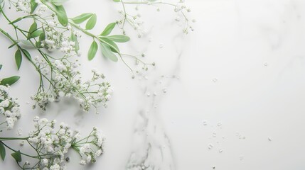 Fresh Gypsophila Flowers on White Marble Background