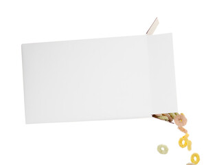Pouring tasty cereal rings from paper box on white background