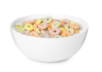Tasty colorful cereal rings and milk in bowl isolated on white