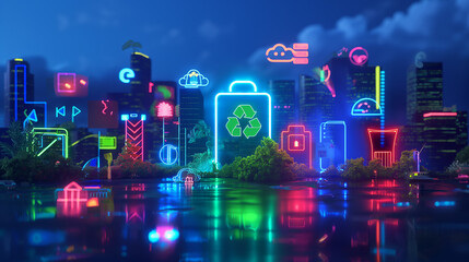 Fototapeta premium Futuristic Eco-Tech City: Neon Iconography and Green Innovation. Generative AI
