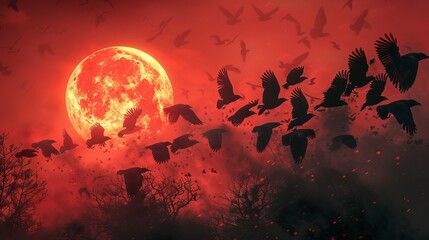 Surreal flock of birds with human faces against a giant moon in a fiery sky - obrazy, fototapety, plakaty
