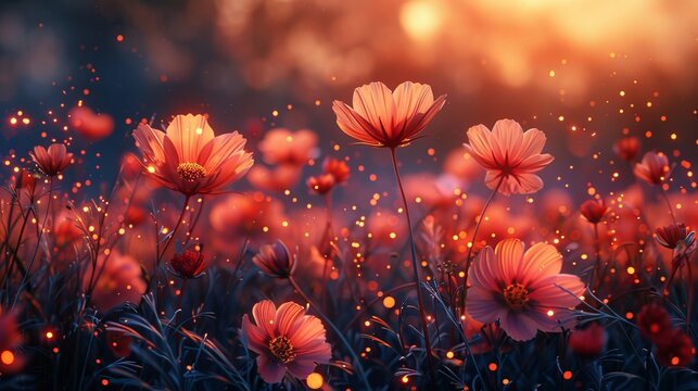 Vibrant field of orange daisies at sunset, capturing the natural beauty and tranquility of a flourishing flower garden